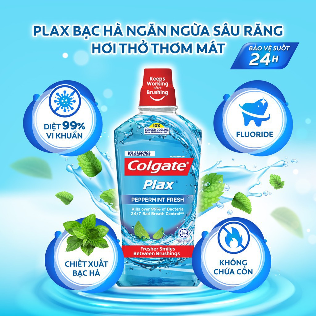 [HB gift] Nước súc miệng Colgate Plax Bạc Hà 500ml/chai + Ly nhựa có nắp Colgate Plax