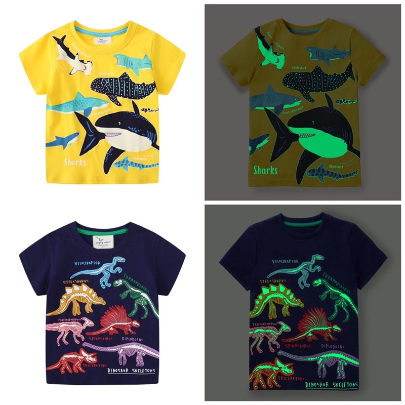 Áo thun DẠ QUANG hình KHỦNG LONG, CÁ MẬP chiếu sáng cho bé trai