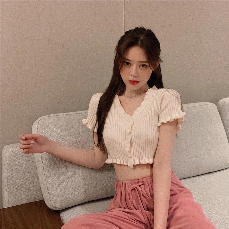 Áo Croptop Tay Ngắn Màu Hồng Đen Trắng Xanh Chất Dệt Kim Thấm Mồ Hôi Phối Bèo Tiểu Thư Phong Cách Ulzzang Hàn Loại 1