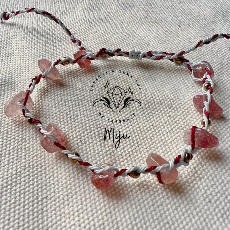 Vòng tay đan dây handmade đá thô màu hồng đỏ dâu STRAWBERRY QUARTZ