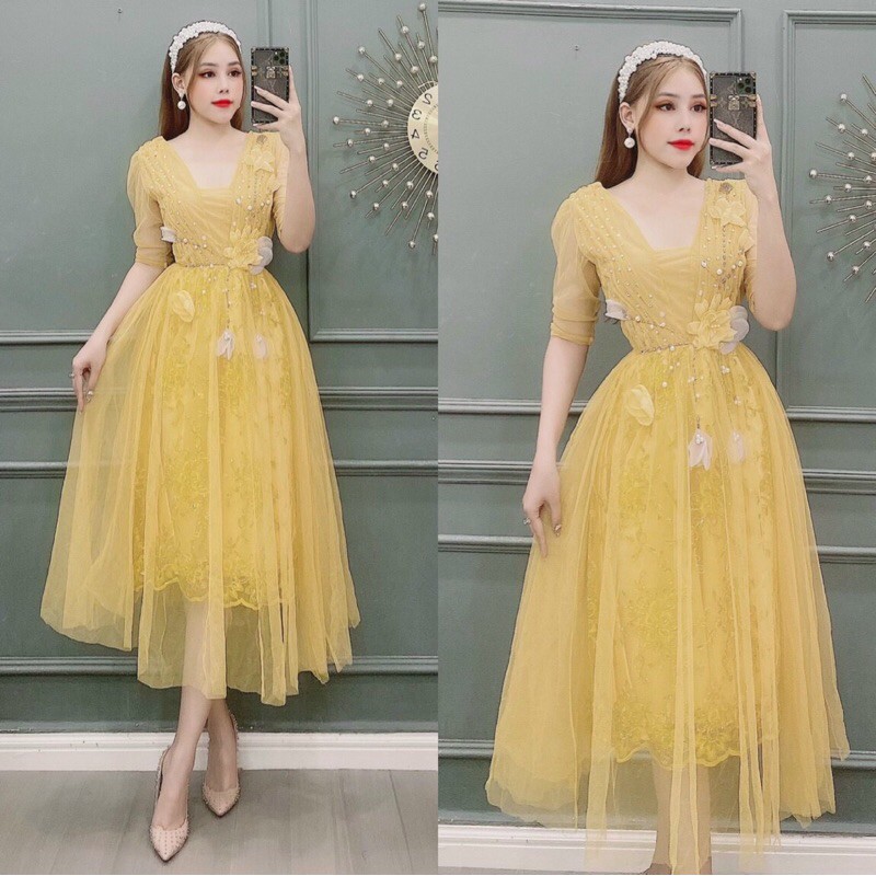 ĐẦM XOÈ REN KIM SA ĐÍNH HOA CỰC ĐẸP