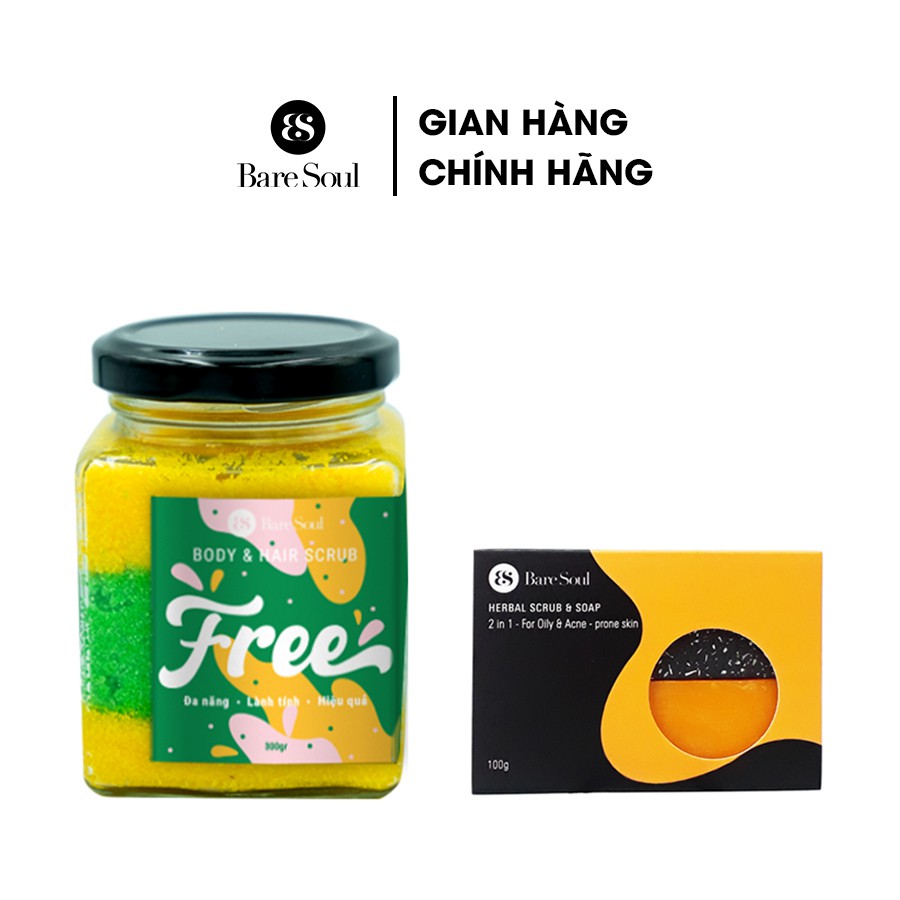 Combo Muối tắm gội BareSoul Free Body & Hair Scrub 300g  + Bánh xà phòng BareSoul Herbal Scrub & Soap 100g | BigBuy360 - bigbuy360.vn