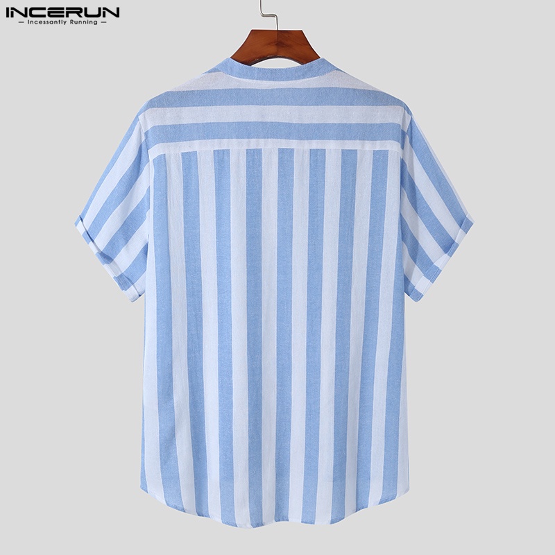 Áo sơ mi INCERUN ngắn tay họa tiết kẻ sọc đính nút 3 màu tùy chọn thời trang cho nam