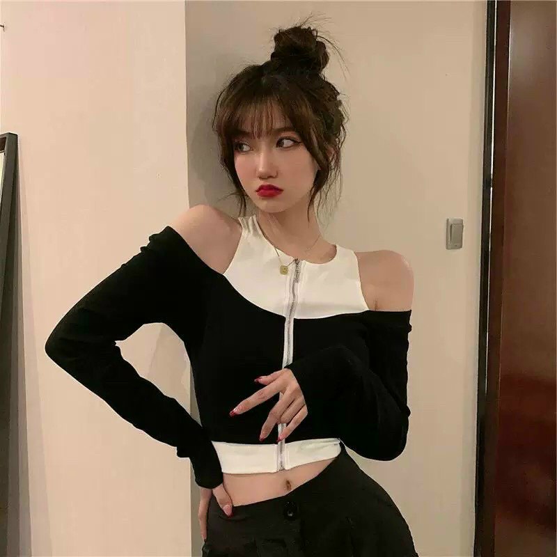 ÁO CROPTOP KIỂU LỬNG NỮ TRỄ VAI DÀI TAY MÀU ĐEN PHỐI CỔ TRẮNG KÈM DÂY KÉO TRƯỚC CO GIÃN THOẢI MÁI DÀY DẶN MỀM MỊN HADI