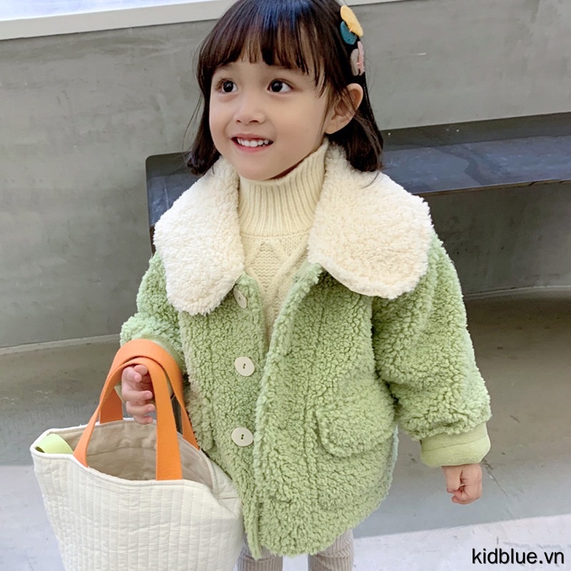 Áo khoác cardigan lông cừu tay dài cổ bẻ màu xanh lục giữ ấm phong cách ngày thường cho bé gái