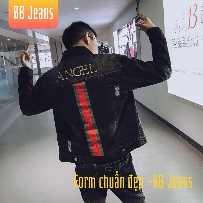 Áo khoác jean nam nữ màu đen sọc sau màu đỏ Angel form chuẩn PT01