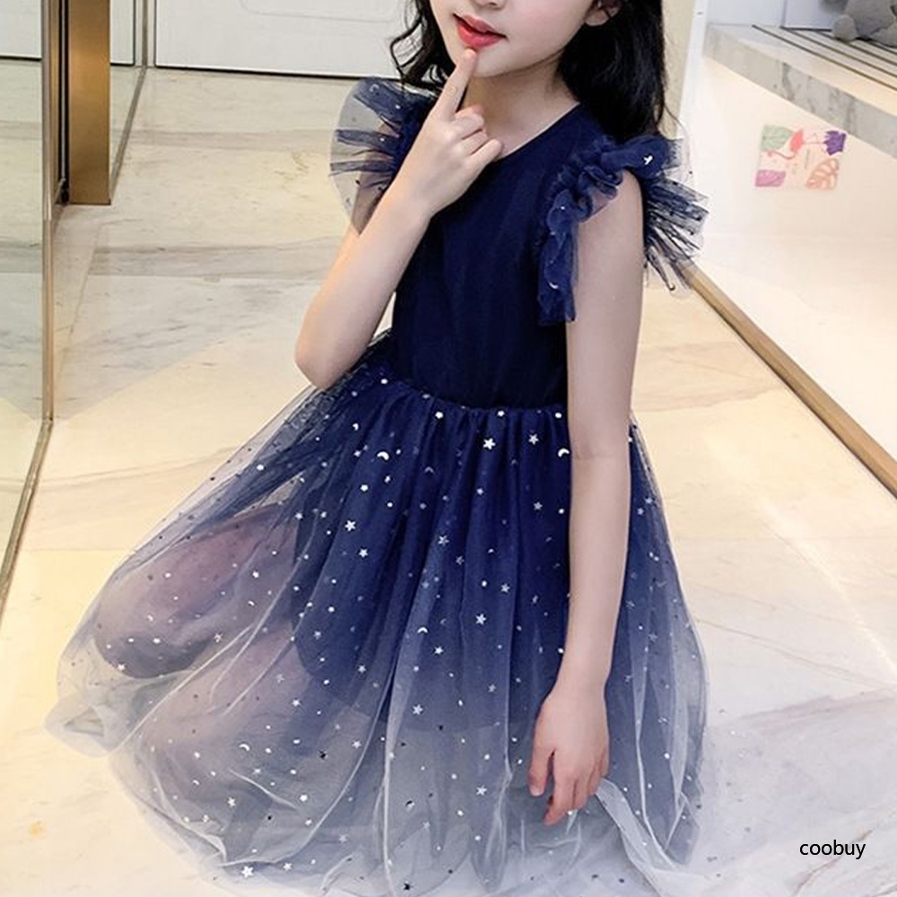 Đầm Công Chúa Tay Ngắn Phối Ren Lưới Màu Gradient Dễ Thương Cho Bé Gái