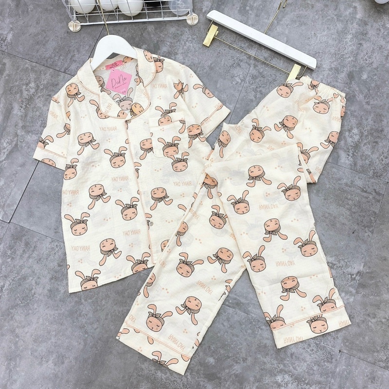 Bộ pijama chất đũi xốp hàng cộc dài hoạ tiết xinh dễ thương mặc nhà nữ