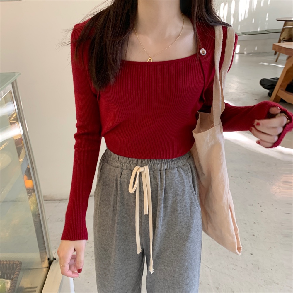 Áo sweater ZHELIHANGFEI tay dài cổ vuông hở xương quai xanh phong cách sang trọng dễ phối đồ