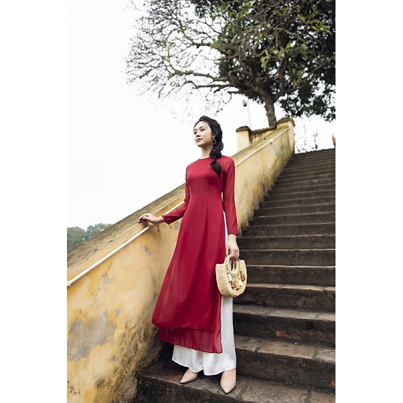 Áo dài tơ 4 tà màu đỏ đô cổ tròn kiềng