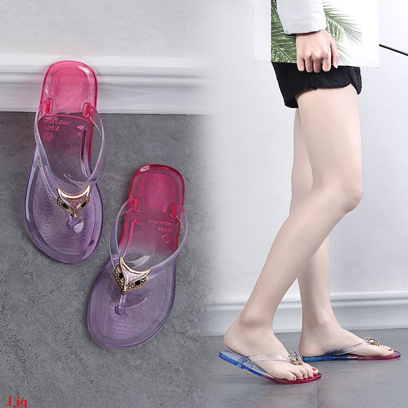 Dép Sandal Đế Bằng Quai Ngang Trong Suốt Đính Pha Lê Thời Trang Mùa Hè Xinh Xắn Cho Nữ