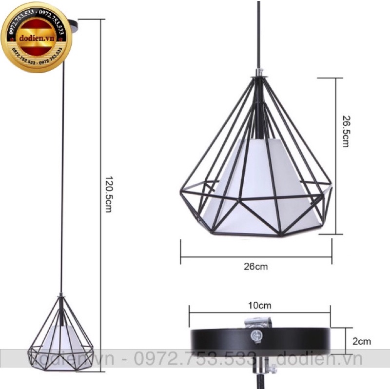 Đèn thả đơn kim cương T034,đèn treo khung sắt sơn tĩnh điện fi 250