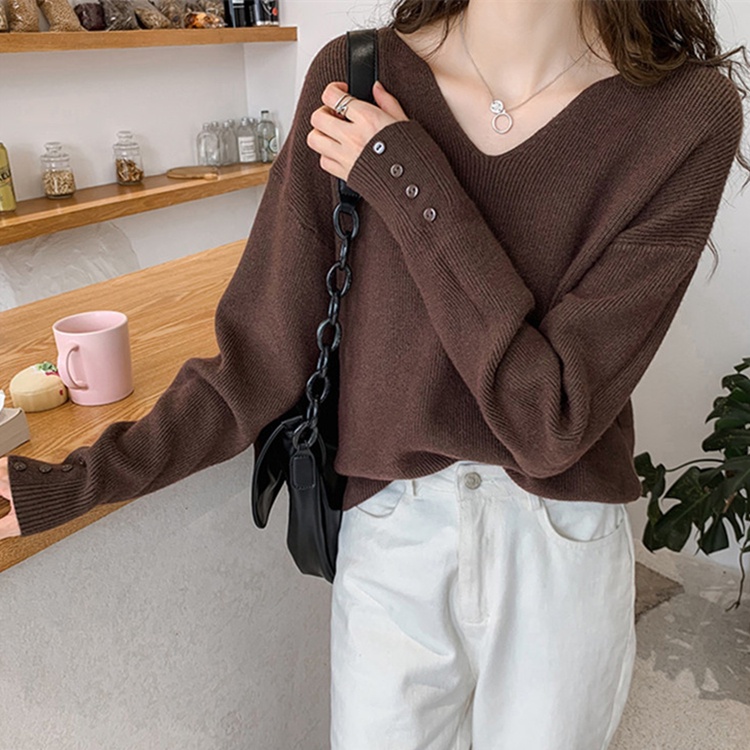Áo Dệt Kim Tay Dài Dáng Rộng Cổ Chữ V Thời Trang Cho Nữ