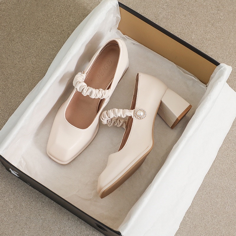 (KÈM HÌNH THẬT) Giày cao gót cao cấp da mềm mũi tròn quai ngang nhún bèo BIG SIZE 39-40-41-42-43