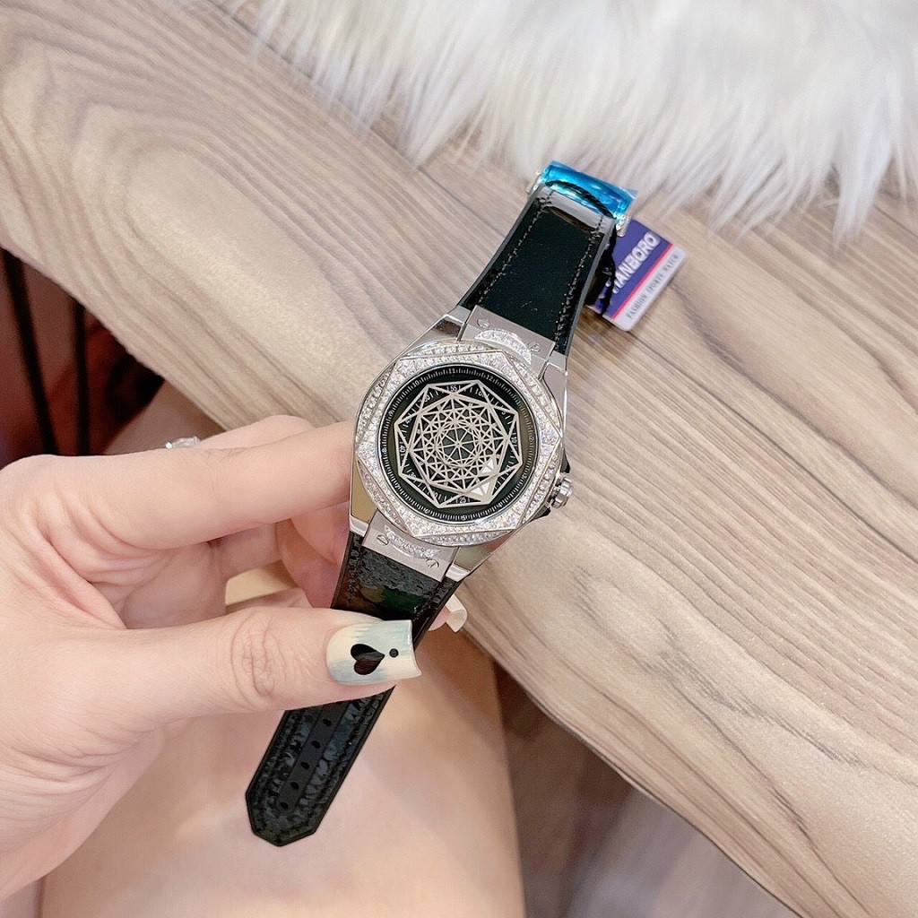 Đồng Hồ Huboler Hanboro Nữ Dây Silicon Bọc Da Đen Silver Authentic 38mm