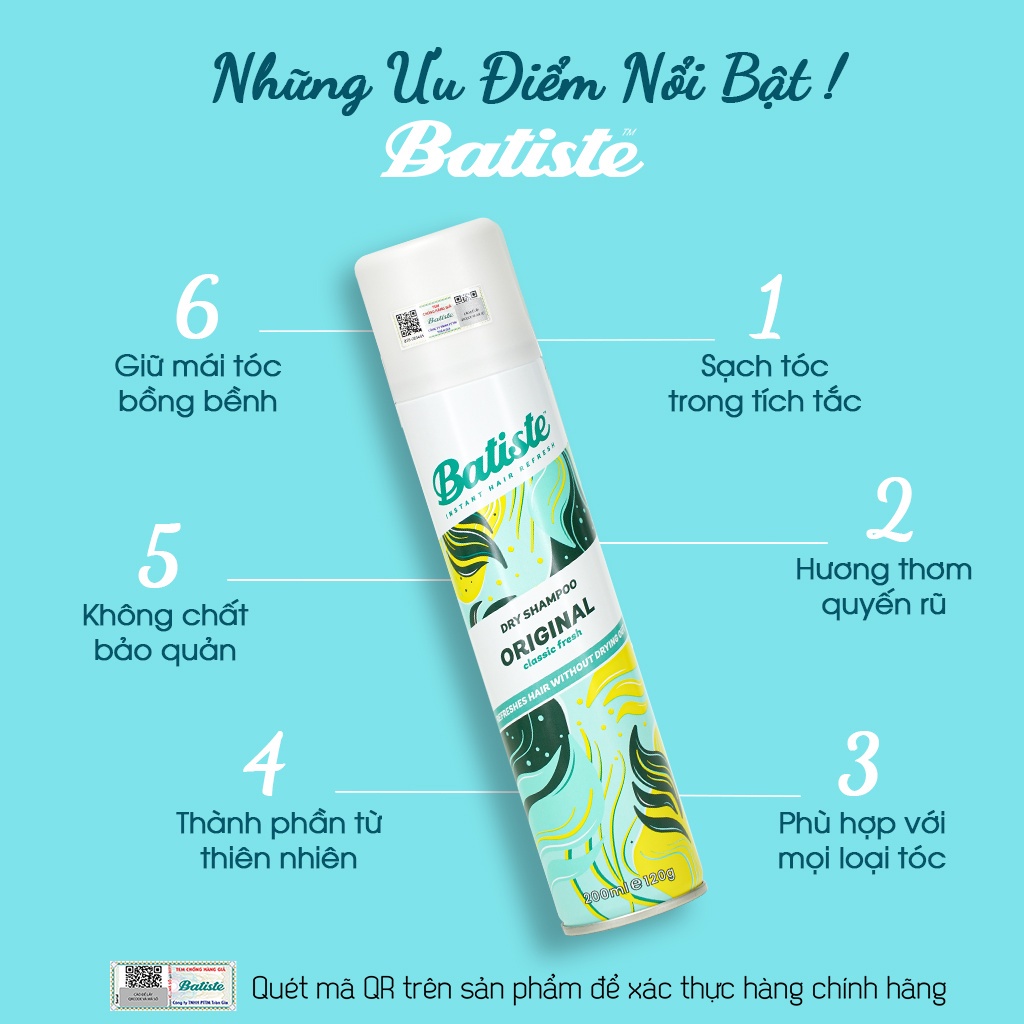 [TEM CHÍNH HÃNG] Dầu Gội Khô Batiste Dry Shampoo 200ml - Giúp Mái Tóc Bồng Bềnh, Mềm Mượt, Hết Ngứa