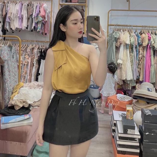 Áo lụa stin lệch vai nơ SIÊU XINH - Mix gì cũng đẹp nhé