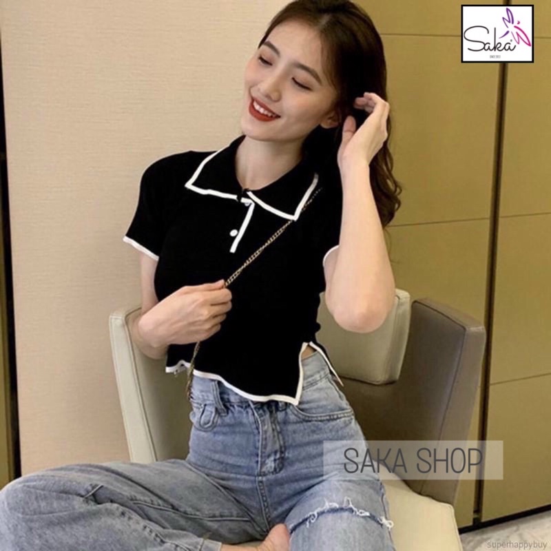 Áo croptop nữ thun cổ sơ mi phối nút dễ thương nhiều màu