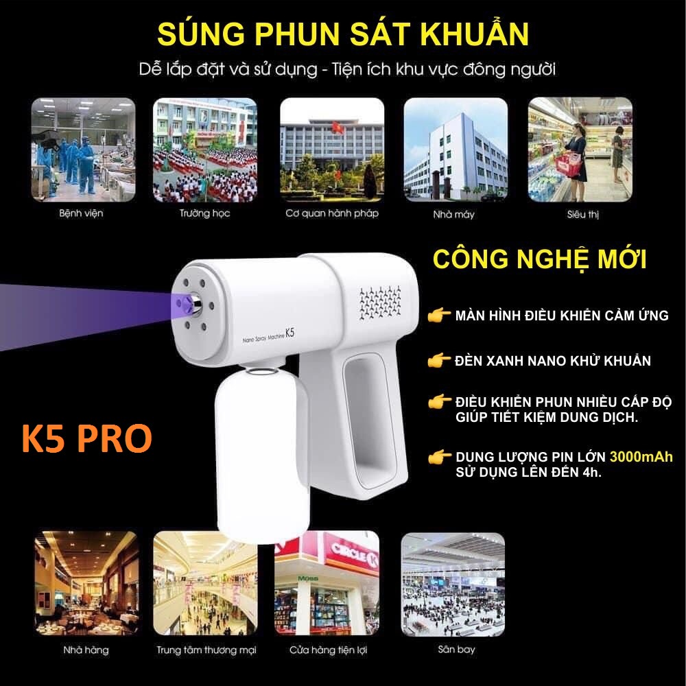 Máy Xịt Khử Khuẩn Cầm Tay, Súng Phun Khử Khuẩn K5 Pro Cao Cấp Tia Uv - 8 Đầu Phun Nano Tuyển Sỉ