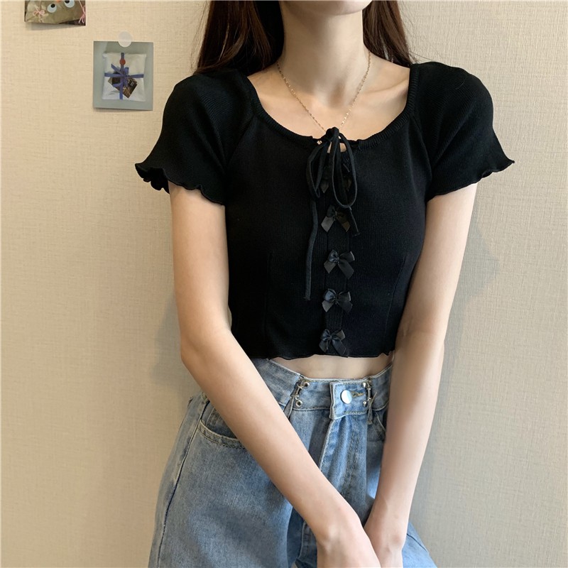Áo croptop cổ vuông tay ngắn dây buộc điều chỉnh cổ áo chất liệu dệt kim cao cấp -ACN19