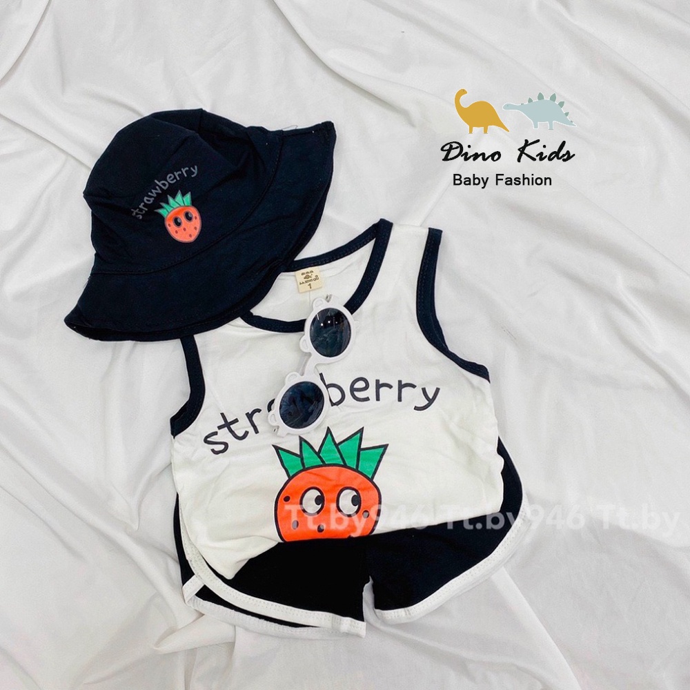 Bộ cộc tay bé gái, Bộ sát nách chạy viền hoa quả nhiệt đới tặng kèm mũ cho bé