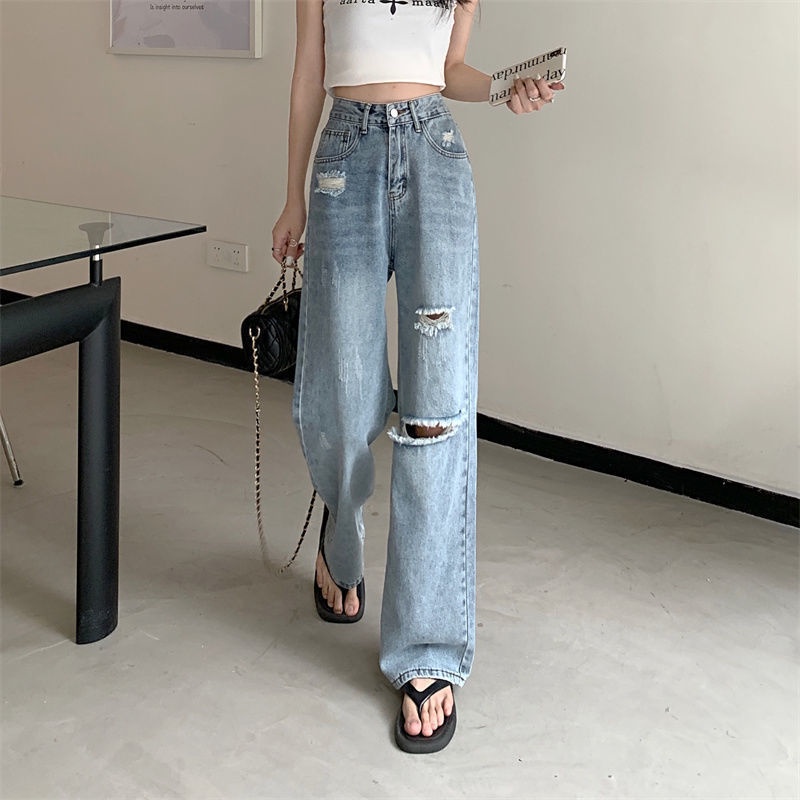 COZOK Quần Jean Ống Rộng Lưng Cao Phối Rách Cá Tính Trẻ Trung