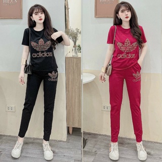 Đồ bộ dài thun cotton đính đá ba lá