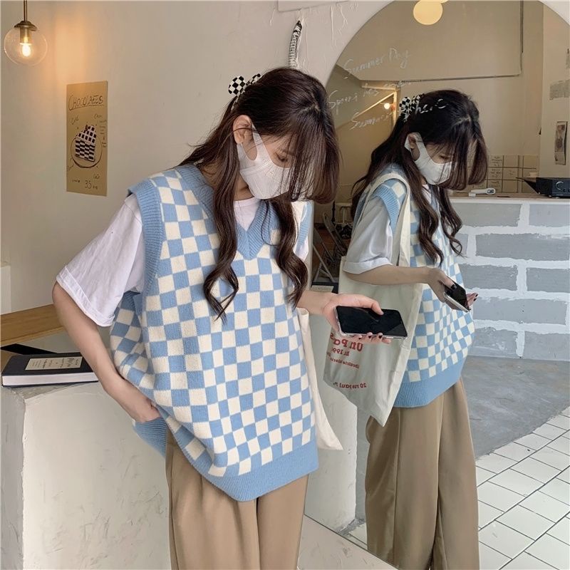 Áo gile nữ không tay dệt kim mặc bên ngoài kẻ sọc caro phong cách Nhật Bản sành điệu cổ điển thời trang xuân thu cho nữ