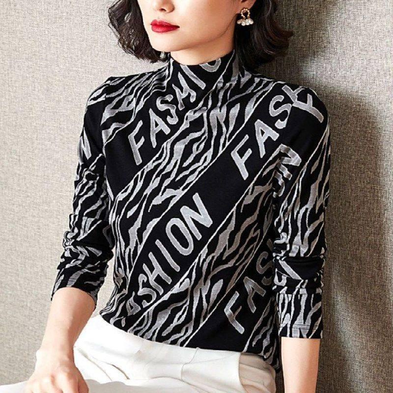 Áo thun tay dài in chữ thời trang cho phụ nữ trung niên