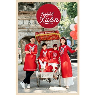 Áo Dài Tết Gia Đình - Set Áo Dài Gia Đình Thêu Hoa Tiết Hồng Hạc May Mắn Chất Tafta Đũi Cao Cấp