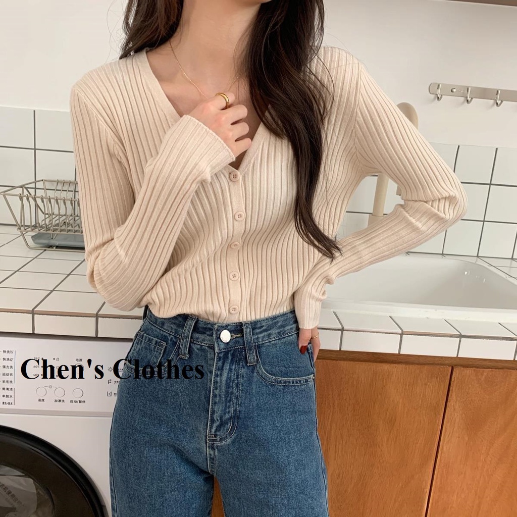 Áo len nữ cadigan gân len tăm cổ V 5 cúc nhỏ