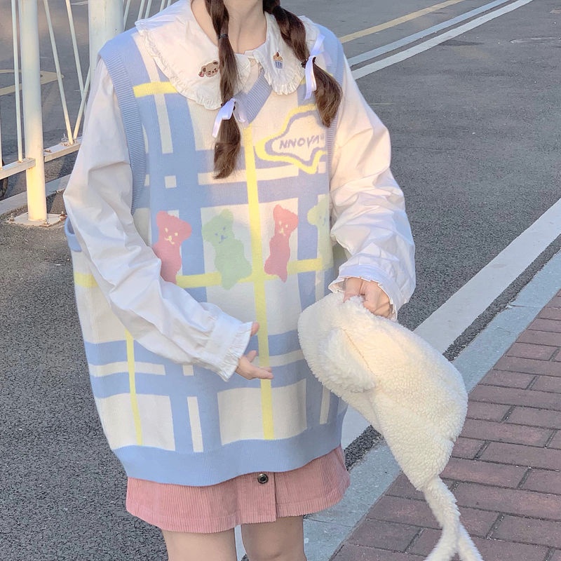 Áo Len Không Tay Cổ Chữ V Dáng Rộng Màu Sắc Ngọt Ngào Thời Trang Dành Cho Nữ