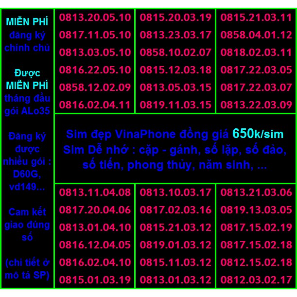 Sim Vina số đẹp 650k Hỗ Trợ ĐK chính chủ Miễn phí gói ALO35 tháng đầu, ĐK được gói VD149-D60G...(xem chi tiết SP)