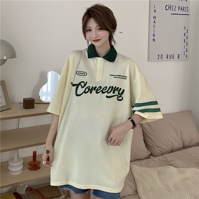 Áo polo Ngắn Tay Dáng Rộng Kẻ Sọc In Chữ Thời Trang Cho Nữ