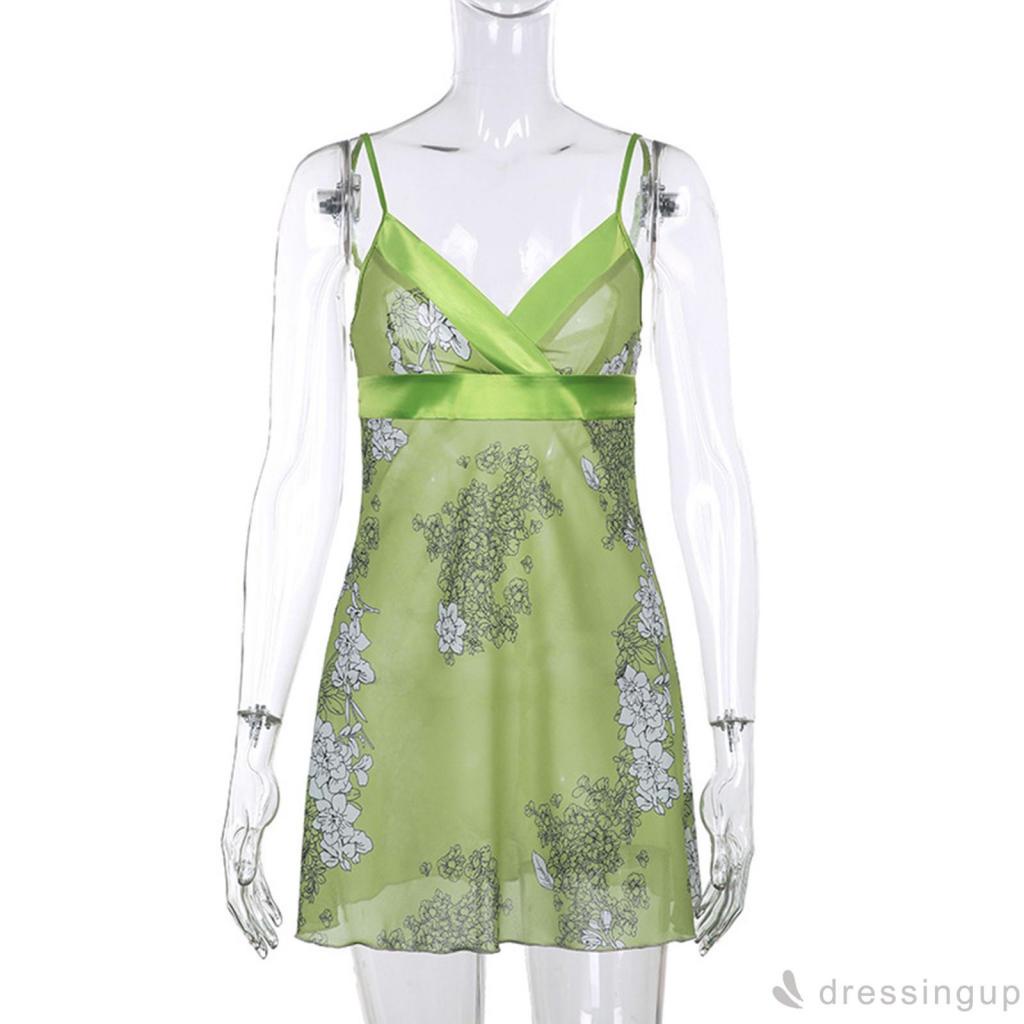 Đầm không tay cổ chữ V eo cao in họa tiết hoa thời trang cho nữ