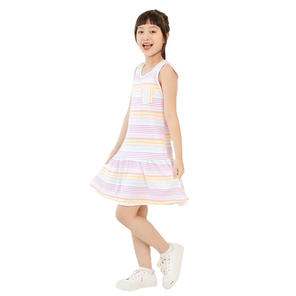 Váy bé gái in sọc cầu vòng, váy cotton bé gái thoáng mát cho bé mặc mùa hè, 18-40 kg, KY0293, K4