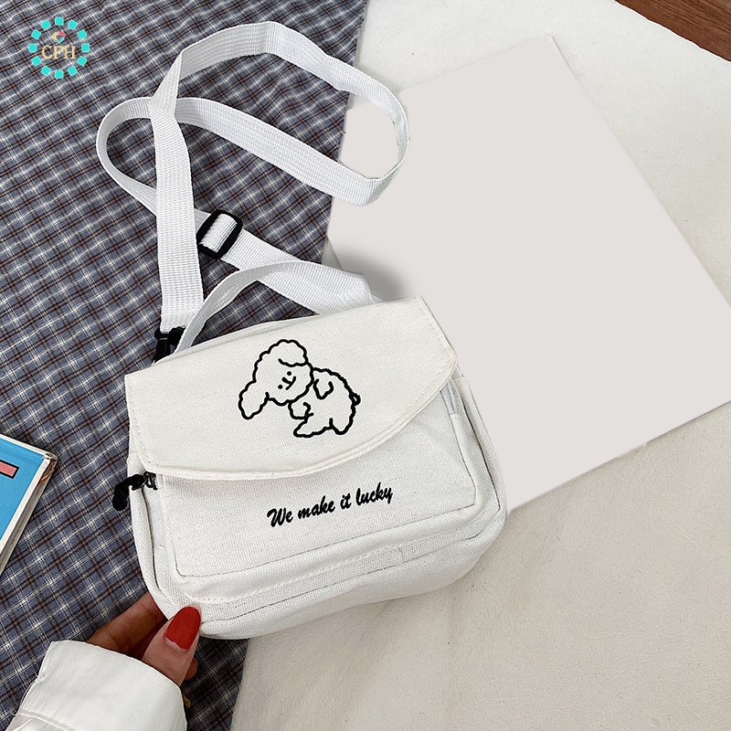 Túi canvas đeo chéo thêu họa tiết chú cún kiểu Nhật Bản Harajuku đáng yêu