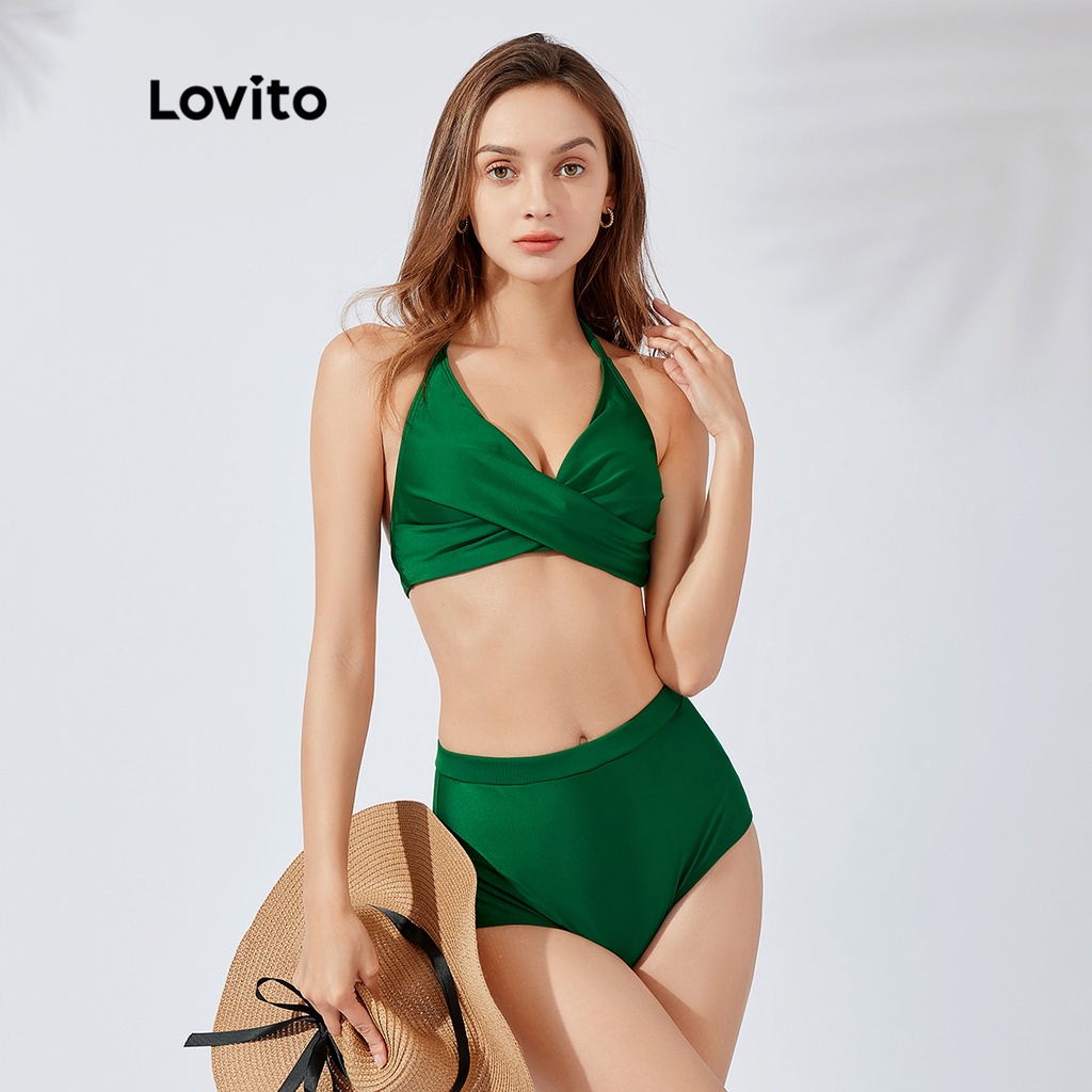 Bộ đồ tắm Lovito màu trơn kiểu xoắn eo cao tôn dáng phong cách thanh lịch L26AD005 (màu xanh lá)