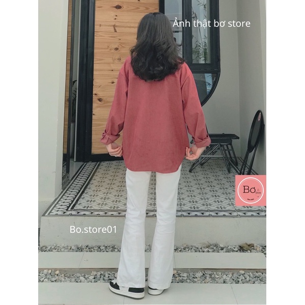Áo Sơ Mi Nhung Tăm Nam Nữ Logo Túi Tay Bồng Form To Rộng Chất Đẹp Bơ Store SP1002