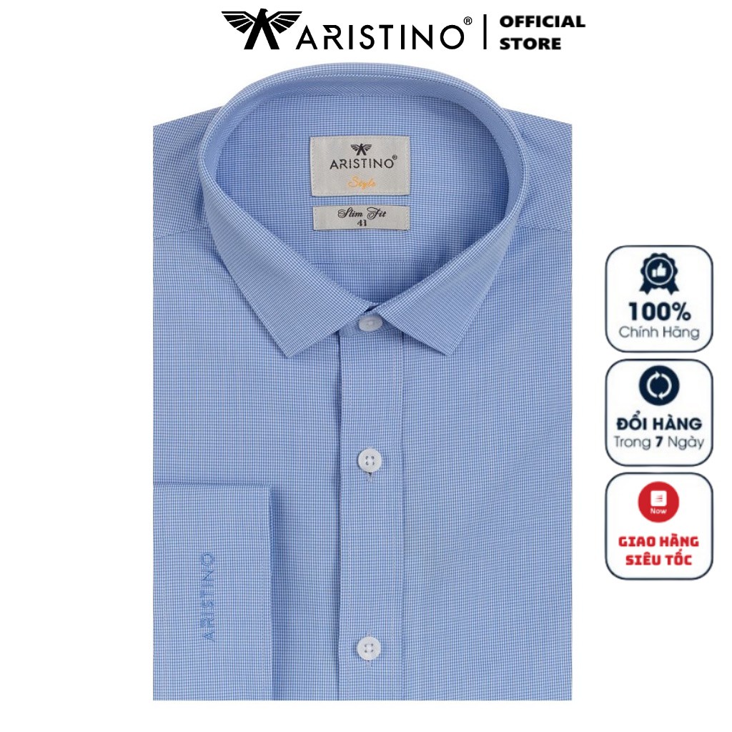 Áo Sơ Mi Nam Dài Tay ARISTINO ALS60708 Somi Công Sở Cao Cấp Màu Xanh Kẻ Ô Chữ Nhật Nhỏ Vải Sợi Tre Dáng Ôm Không Túi