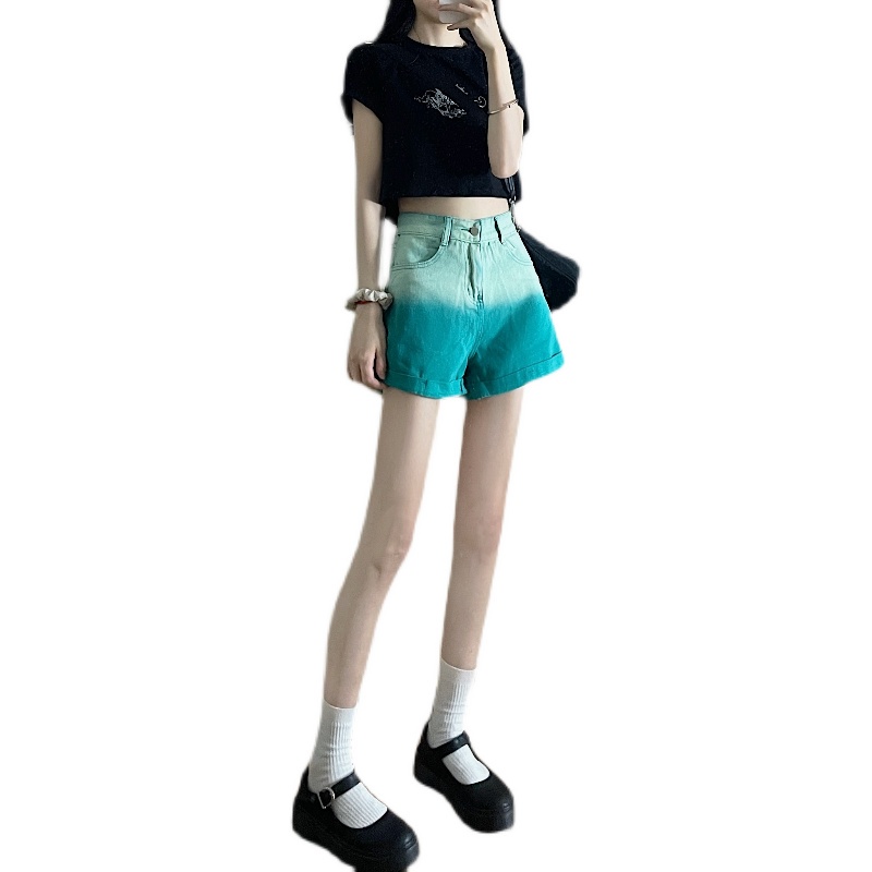 Quần Short Denim Ống Rộng Màu Gradient Thời Trang Hàn Quốc