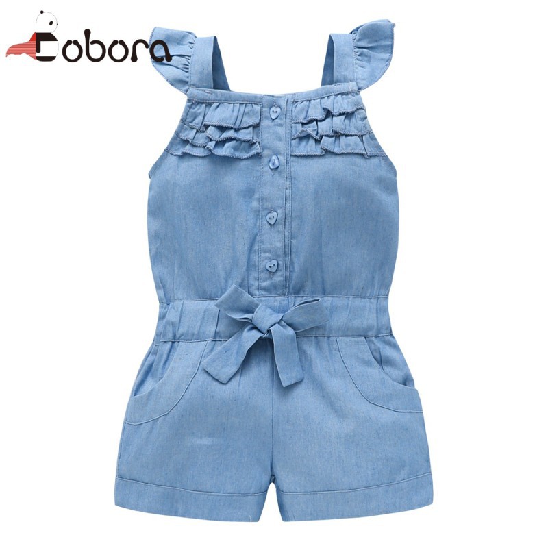 Jumpsuit ngắn nhún bèo eo co giãn đính nơ xinh xắn cho bé gái