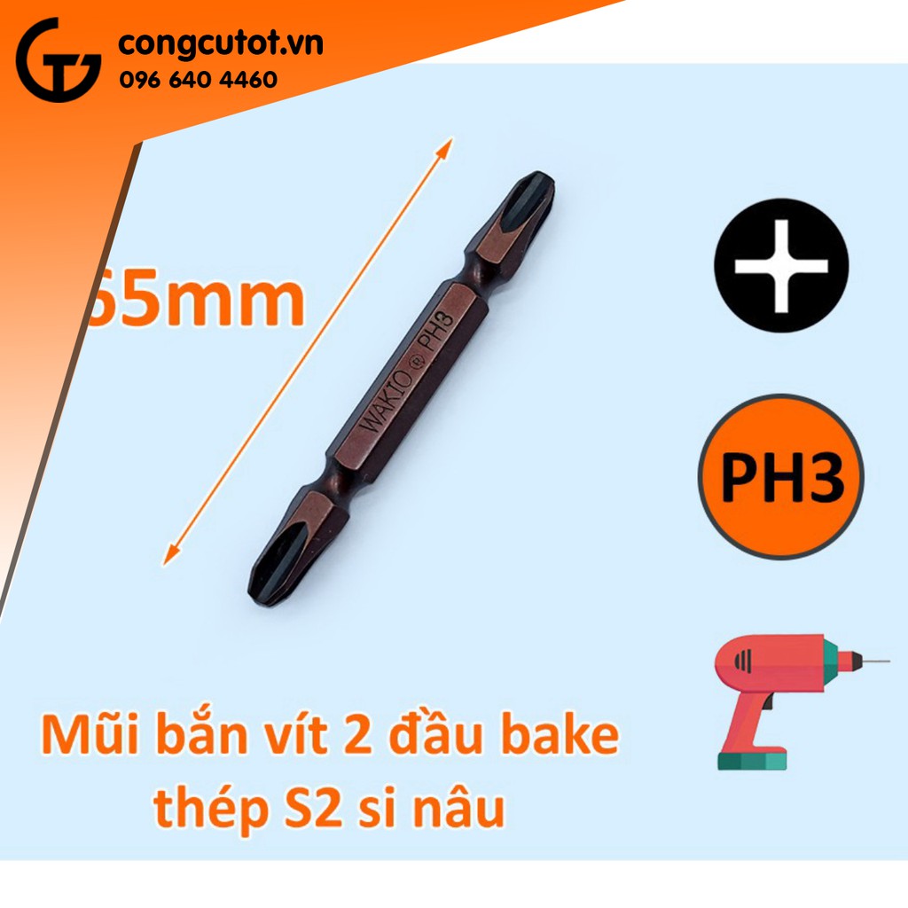 Mũi bắt vít 2 đầu PH3 Wakio dài 65mm