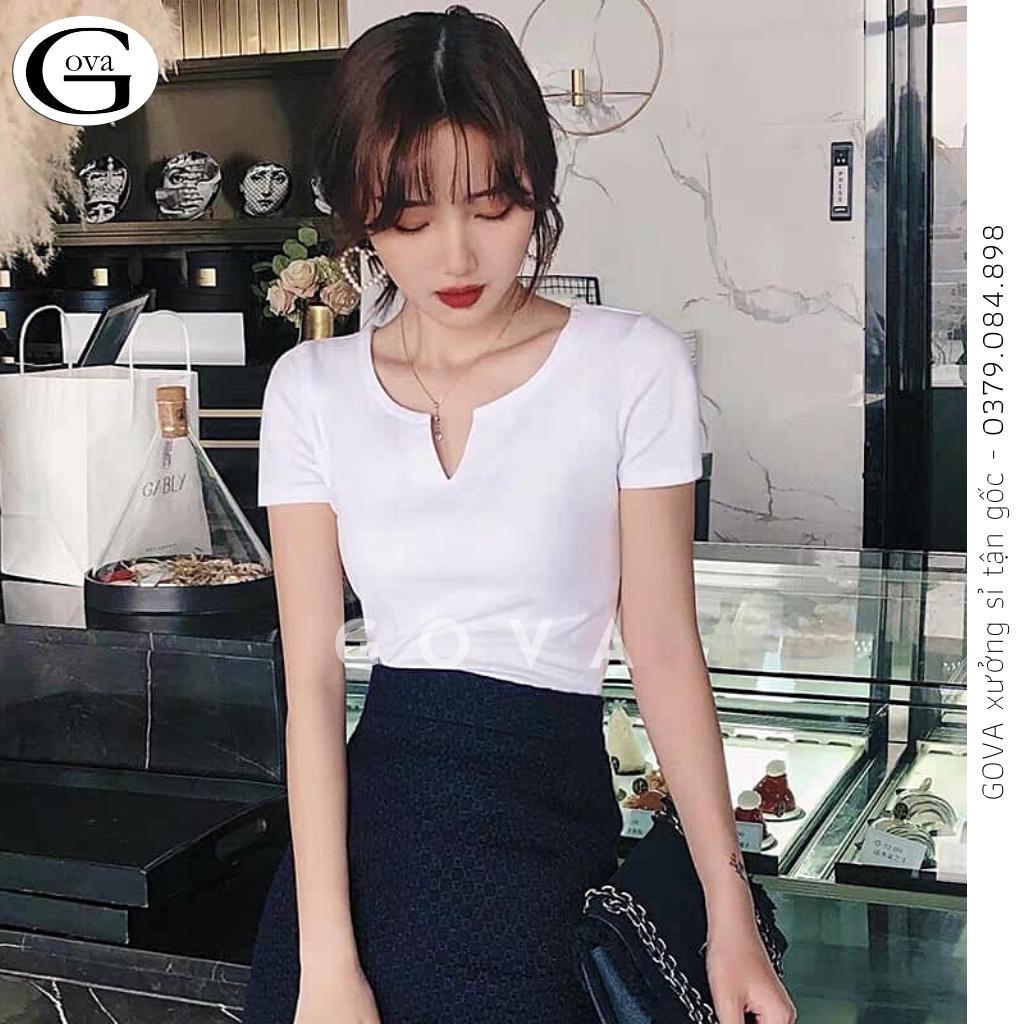 Áo Croptop CỔ KHOÉT CHỮ V TAY NGẮN Thun Cotton Kiểu Sexy Nữ, Áo Thun Ôm Body Đẹp GOVA