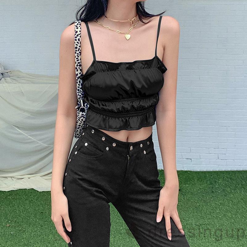 DRESSINGUP-Áo Croptop Hai Dây Nhún Bèo Quyến Rũ Cho Nữ