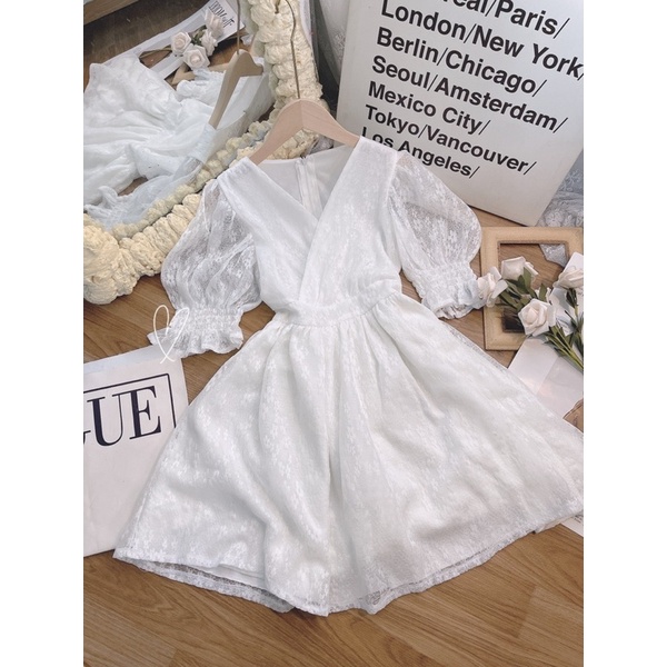 ĐẦM HOA NỔI TAY BO CHÉO NGỰC V