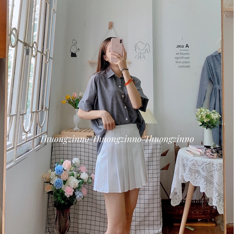 [Ảnh thật/Video]Áo sơ mi kẻ basic thiết kế xẻ vạt cài cúc phía sau Áo sơ mi Hàn Quốc | BigBuy360 - bigbuy360.vn