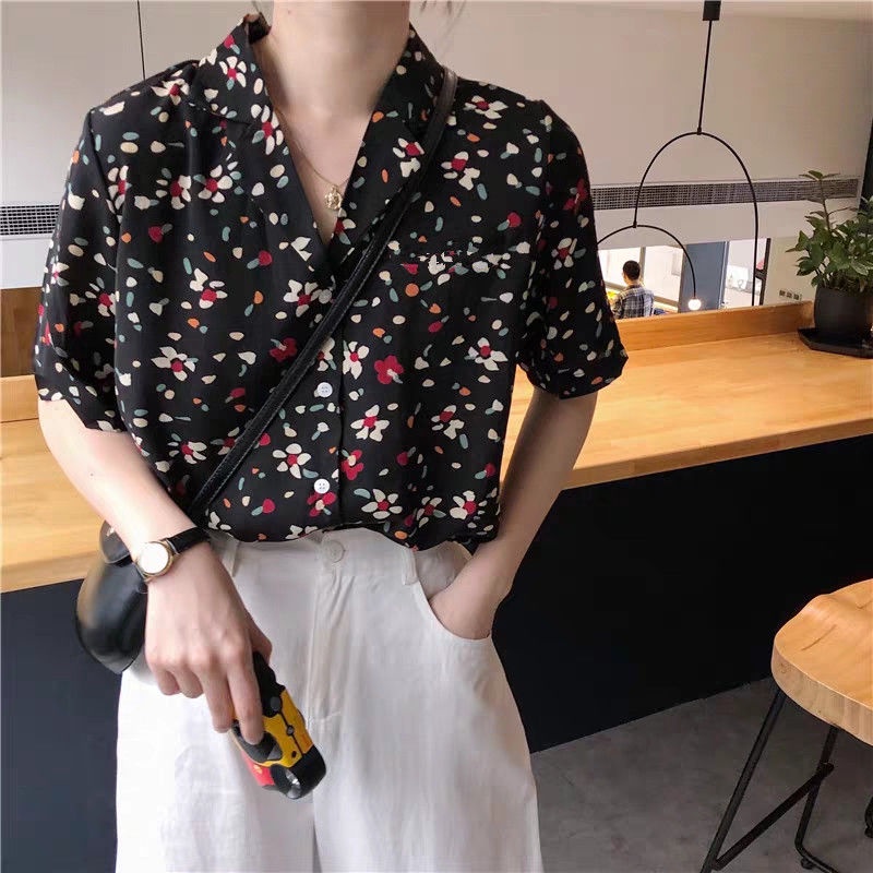 COZOK Áo Sơ Mi Voan Hoa Ngắn Tay Cổ Tim Thời Trang Retro Hongkong