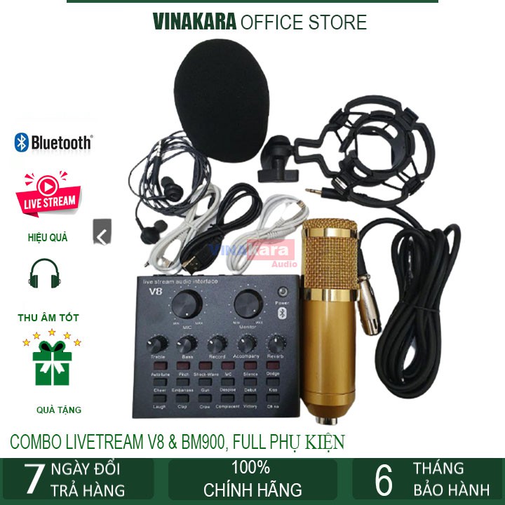 Combo bộ mic thu âm livestream Micro BM900, Sound card V8, Chân kẹp mic hát karaoke, bông lọc đầy đủ hát