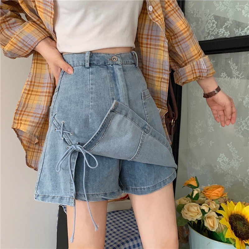 Chân váy bò nữ ngắn dáng chữ A thắt nơ xinh siêu xinh, Chân váy jeans ulzzang nơ túi hộp có quần trong